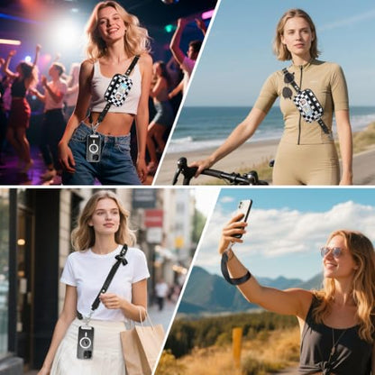 MoKo Adjustable Phone Crossbody Lanyard with Detachable RFID Wallet - color: Black & White Grid