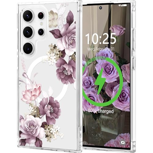 for Samsung Galaxy S23 Ultra Case Flower Clear Magnetic,Purple | [Compatible with Magsafe], Cute Flower Girls Women Clear Case Silicone Shockproof Protective Cover with Pretty Floral Pattern - color: Purple, size: Samsung Galaxy S23 Ultra