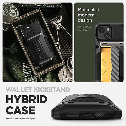 VRS DESIGN Damda Glide Hybrid Phone Case Designed for iPhone 15 Plus (2023), Functional Sturdy Wallet Card Holder Kickstand Case Compatible with iPhone 15 Plus (Khaki) - color: Khaki, size: iPhone 15 Plus