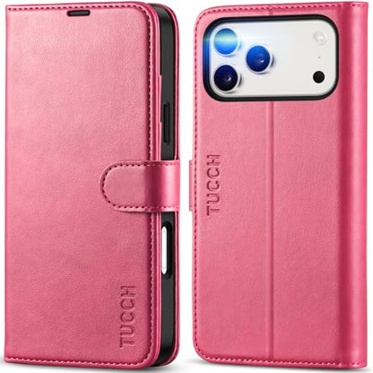 TUCCH Wallet Case for iPhone 17 Pro Max (6.9") 2025, Flip Stand, Hot Pink | RFID Blocking, 4 Card Holders, Kickstand, PU Leather, Shockproof TPU Shell, Magnetic Closure, Protective Folio Cover - color: Hot Pink