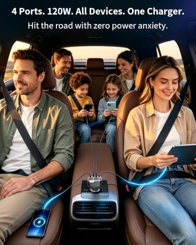 SUNDA 120W USB C Fast Car Charger, USB C Car Phone Charger, 4-Port (2 USB-C + 2 USB-A) PD 3.0/60W PPS QC 3.0, Cigarette Lighter USB Charger Adapter for Road Trip iPhone/Samsung/Google Pixel/iPad