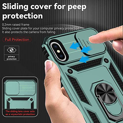 for iPhone XS Max Case with Camera Lens Cover Screen Protector, Dual Layer Military Grade Drop Protection Magnetic Ring Holder Kickstand Protective Phone Case for iPhone XS Max 6.5 inch (Dark Green) - color: Dark Green Military-Grade 2nd gen