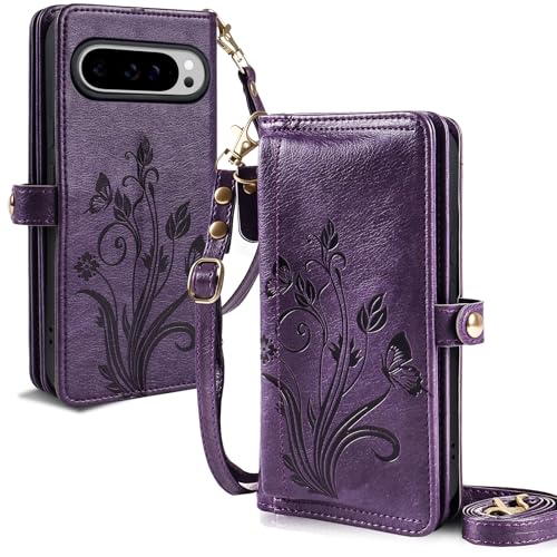 for Google Pixel 9 Pro XL/10 Pro XL Case Wallet,RFID Blocking Card Holder Zipper Leather Flip Cover Crossbody Wrist Strap with Stand (Floral Dark Purple) - color: Floral Dark Purple