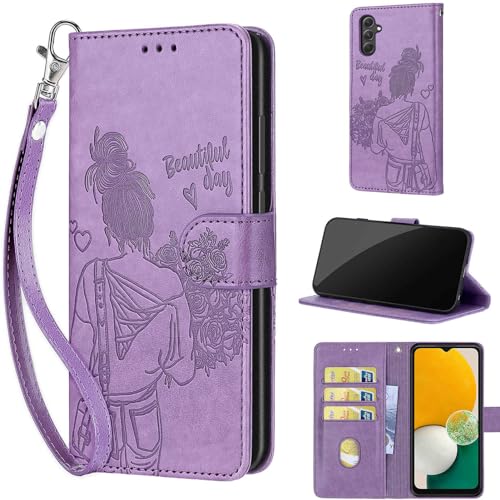 Wallet Case for Samsung Galaxy A54 5G, Purple Girl | Women Flip Folio Cover, Embossed PU Leather, Stand, Credit Card Holders Slots, Wrist Strap - color: 10