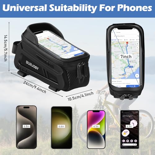 Bike Phone Front Frame Bag, Waterproof Bike Phone Holder Bag with TPU Touch-Screen & Sun-Visor, Bike Bag Accessories Compatible Phone Under 7”