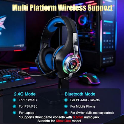 2.4GHz Wireless Gaming Headsets for PS5/PS4/Switch, New RGB Bluetooth 5.4 Noise Cancelling Gaming Headphones with 7.1 Surround Sound, 40mm Drivers, 276g Ultraligero, Memory Foam, 40Hrs Audífonos Gamer