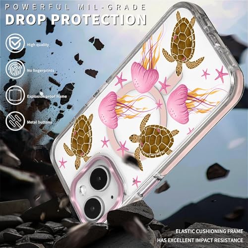 VisEnt Clear Case for iPhone 14, Magnetic Phone Case, Transparent Slim Cover, Military Grade Protection, Shockproof, Anti-Yellowing, Scratch Resistant, Pink Jellyfish Sea Turtle - color: Pink Jellyfish Sea Turtle, size: Iphone 14