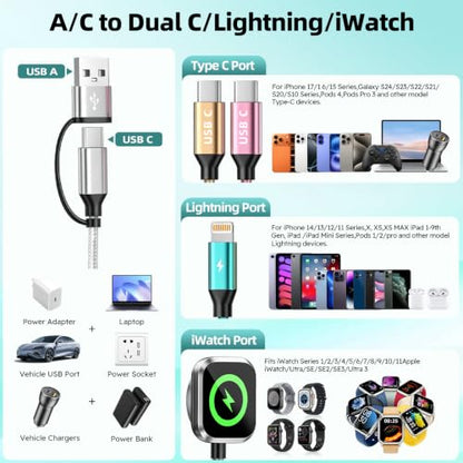 Travel Essentials 4 in 2 Multi Charging Cable for iWatch Charger 2Pack,5FT - color: Light White&Green&Golden&Pink, size: AC to 2C+L+iWatch