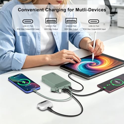 NOBIS Portable Charger 20000mAh 65W Power Bank w/Detachable Cable - color: Green