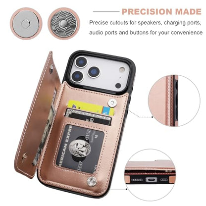 ONETOP for iPhone 17 Pro Max Wallet Case with Credit Card Holder,Rosegold | Kickstand,ID/Cash Holder,Case Wallet with Card Slots,Double Magnetic Clasp,Durable PU Leather Shockproof Cover for Women Men - color: Rose Gold