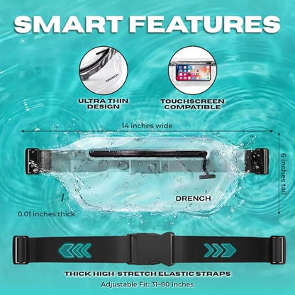 DRENCH trendy waterproof accessory – Blue + Clear Waterproof Fanny Pack Bundle, 2 Submersible Phone Pouches + Floating Cases