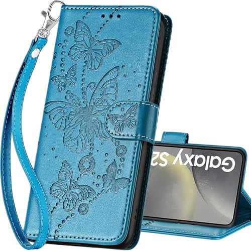 for Samsung Galaxy S25 Wallet case, Blue-Butterfly | 3 Card Holders, Kickstand, Shockproof TPU Shell, PU Leather, Magnetic Closure, Protective Flip Folio Cover, Women - color: 8