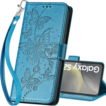 for Samsung Galaxy S25 Wallet case, Blue-Butterfly | 3 Card Holders, Kickstand, Shockproof TPU Shell, PU Leather, Magnetic Closure, Protective Flip Folio Cover, Women - color: 8