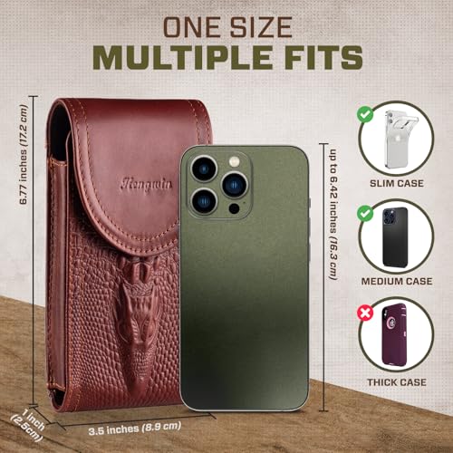 Genuine Leather Cell Phone Holster Fit for iPhone 17 Pro Max 16 Pro Max 15 Pro Max 14 Plus 13 Pro Max Samsung Galaxy S25+ S24+ S23+ A15 A54 Belt Holder Phone Pouch Case with Belt Clip (Red) - color: Red