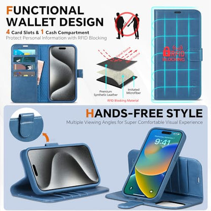 TUCCH 2-in-1 Removable Wallet Case for iPhone 15 Pro 6.1" 2023, Light Blue | RFID Blocking, 4 Card Holders, Kickstand, Wireless Charging, Shockproof TPU, PU Leather, Magnetic, Flip Cover - color: Lake Blue (2-in-1 Detachable)