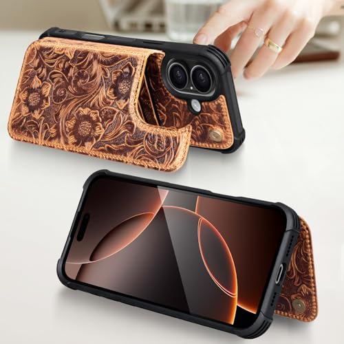Wallet Real Leather Case Compatible with iPhone 16 Plus 6.7" Brown | Genuine Leather,Shockproof,Anti-Fall Case,Flip Cover,with Card Slot,Double Magnetic Buckle,Kickstand,RFID Blocking Brown - color: Brown, size: 6.7"-16 Plus