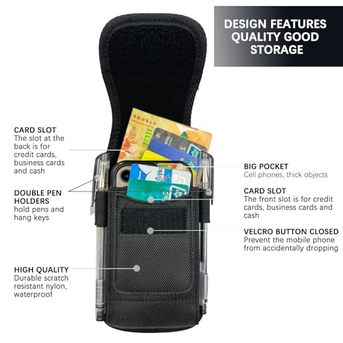 Phone Holster, Nylon Belt Clip Pouch with Hook & Loop Closure, Outer & Inner Card Slots Compatible with iPhone 15 16 17 Pro Max Plus Samsung 6.5-6.8 Inch Phone