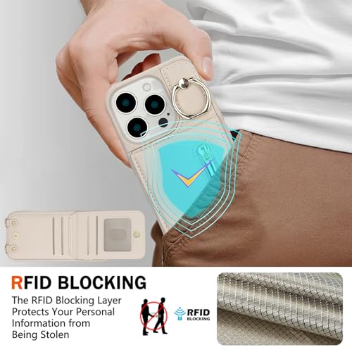 Crossbody Wallet Case for iPhone 12 Pro Max, with Card Slots Zipper Pocket Case, Flip Folio Purse RFID Blocking with Ring Kickstand Detachable Strap-Beige - color: Beige, size: iPhone 12 Pro Max(6.7")
