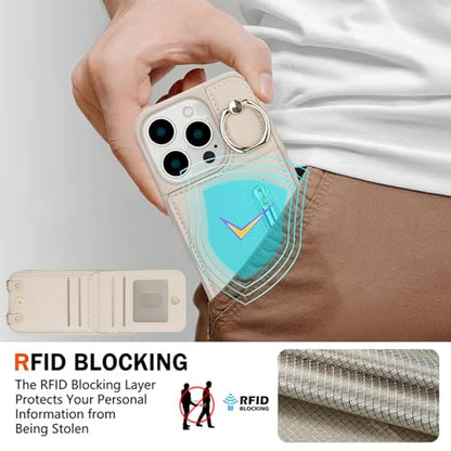 Crossbody Wallet Case for iPhone 12 Pro Max, with Card Slots Zipper Pocket Case, Flip Folio Purse RFID Blocking with Ring Kickstand Detachable Strap-Beige - color: Beige, size: iPhone 12 Pro Max(6.7")