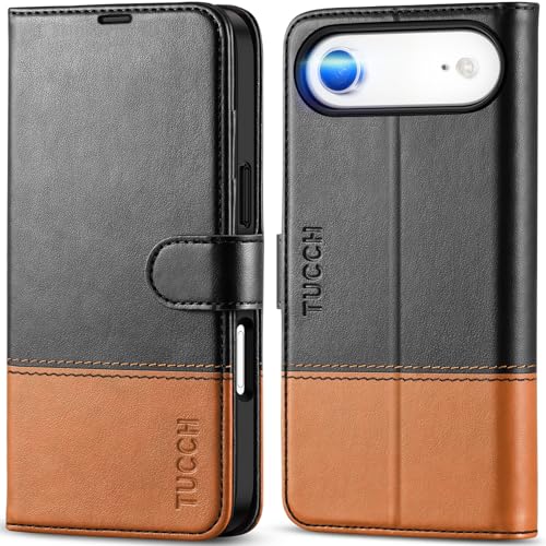 TUCCH Wallet Case for iPhone Air (6.5") 2025, 4 Card Slots, Black & Brown | RFID Blocking, Viewing Stand, Shockproof TPU Shell, PU Leather, Magnetic Closure, Protective Folio Flip Cover - color: Two-tone Black & Brown