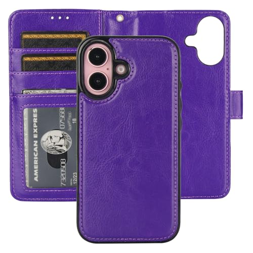 Bocasal Detachable Wallet Case Card Holder for iPhone 16, Purple | RFID Blocking Kickstand Card Slots Holder PU Leather Magnetic Shockproof Wrist Strap Removable Flip Protective Cover 6.1 inch - color: Purple