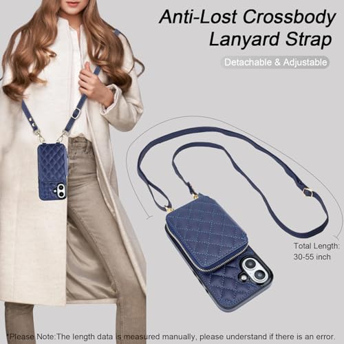 Bocasal Crossbody Wallet Case Card Holder for iPhone 16, Dark Blue | RFID Blocking PU Leather Zipper Handbag Purse, Kickstand Flip Folio Case with Card Slots Holder Wrist Strap Lanyard 6.1 Inch - color: Dark Blue