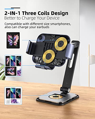2in1 15W Triple Coil Qi Wireless Charger Mirror Mount Holder Station for Samsung Galaxy Z Fold6 Fold5 Fold4 Z Fold3 Fold S24 Ultra Note20 iPhone 15 Pro Max Infrared Auto Clamp Fast Charger