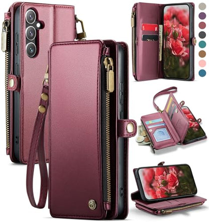 Defencase for Samsung Galaxy S25 Wallet Case with RFID Card Holder, WineRed | Durable Soft PU Leather, with Zipper Pocket, Wrist Strap, Fashion Snap Flip S25 Phone Cases Cover with Stand for Women Men - color: Wine Red