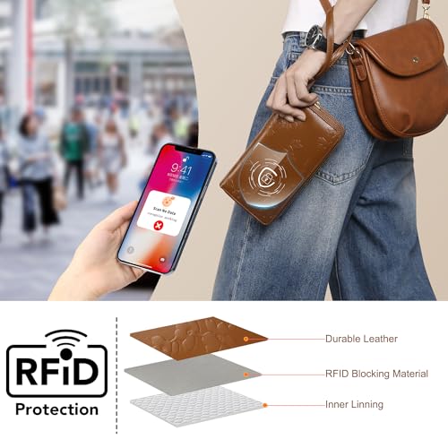 yiijay Womens Wallet RFID Blocking Large Capacity Vegan Leather Double Zip Wristlet Wallet Card Holder Travel Ladies Clutch - color: Brown