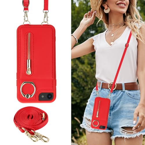 Crossbody Wallet Case for iPhone 7/8/SE 2020/SE 2022, with Card Slots Zipper Pocket Case, Flip Folio Purse RFID Blocking with Ring Kickstand Detachable Strap-Red - color: Red, size: iPhone 7/8/SE 2020/SE 2022 (4.7")