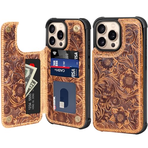 Wallet Real Leather Case Compatible With iPhone 14 Pro Max 6.7" | Genuine Leather,Shockproof,Anti-Fall Case,Flip Cover,with Card Slot,Double Magnetic Buckle,Kickstand,RFID Blocking Brown - color: Brown, size: 6.7"-14 Pro Max