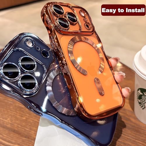 Magnetic for iPhone 17 Pro Max Case Clear Supports Wireless Charging Anti Yellow Wave Frame 17 Pro Max Case with Camera Len Protector Luxury Plating Soft TPU Shockproof Phone Cover 6.9", Titanium Blue - color: Blue