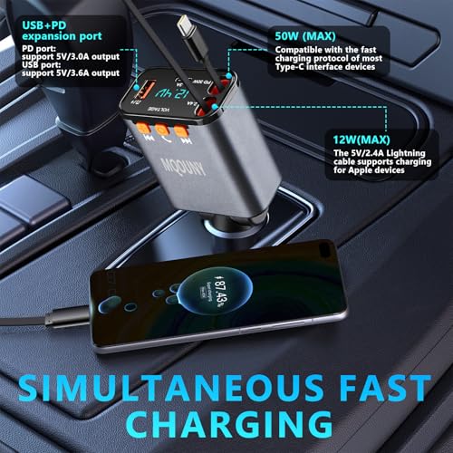 Retractable Car Charger,5 in 1 Fast Cars Phone Charger 60w,Bluetooth 5.3 FM Transmitter Adapter,Handsfree Call,MP3 Player,2 Retractable Cables and USB Chargers, for Phone,Galaxy,Pixel (Black) - color: Black