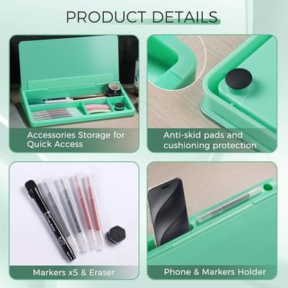 TOWON Compact Glass Desktop Whiteboard with Storage 12x7 in, Mint Green - color: Mint