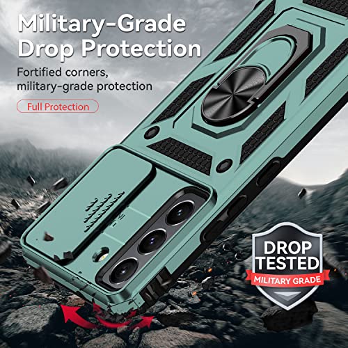 for Samsung Galaxy S22 Case with Camera Lens Cover Screen Protector, Dual Layer Military-Grade Drop Tested Magnetic Ring Holder Kickstand Protective Phone Case for Samsung Galaxy S22 5G (Dark Green) - color: Dark Green with camera cover Military-Grade
