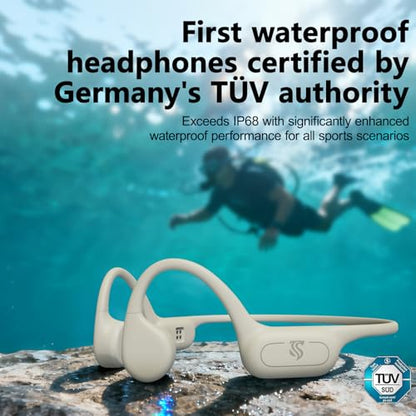 Bone Conduction Headphones IPX8 Waterproof Swimming Headphones Open Ear Headphones with MP3 Mode 32GB Memory 8H Playtime Bluetooth 5.4 Ear Buds Secure Fit (Apricot)