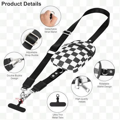 3-in-1 Clip And Go Phone Strap Crossbody With Detachable Wallet, RFID Blocking, Adjustable Anti-Theft Phone Lanyard - color: Black Plaid