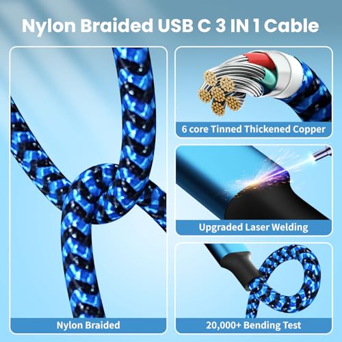 100W USB C Multi Charging Cable 3 in 1 Fast USB C Cable with E-Mark Chip - color: Blue&Black, size: 4FT 1Pack