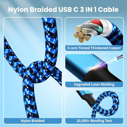 100W USB C Multi Charging Cable 3 in 1 Fast USB C Cable with E-Mark Chip - color: Blue&Black, size: 4FT 1Pack
