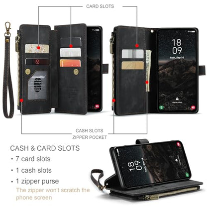 Samsung Galaxy S24 5G Wallet Case with Card Holder Kickstand Magnetic Zipper Pocket Lanyard Strap Wristlet,Leather Flip Case Wallet for Samsung Galaxy S24 5G 6.2 Inch(Black) - color: Black, size: S24 5G 6.2 Inch