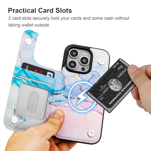 HAOPINSH for iPhone 16 Pro Case Wallet Compatible with MagSafe Wireless Charging, Pink Blue Marble Pattern Back Flip Folio PU Leather Kickstand Card Slots Case Double Magnetic Clasp Cover 6.3" - color: Pink Blue Marble for MagSafe