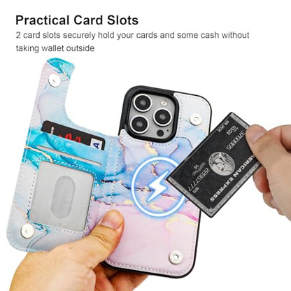 HAOPINSH for iPhone 16 Pro Case Wallet Compatible with MagSafe Wireless Charging, Pink Blue Marble Pattern Back Flip Folio PU Leather Kickstand Card Slots Case Double Magnetic Clasp Cover 6.3" - color: Pink Blue Marble for MagSafe