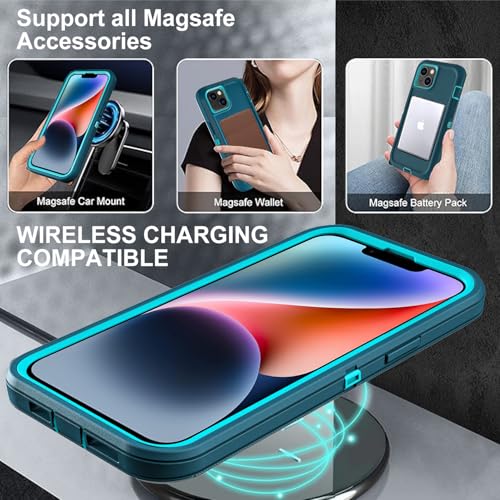 YKHJKLEC for iPhone 13/iPhone 14 Case, Compatible with Magsafe, 3 in 1 Heavy Duty Shockproof/Drop Proof/Dust Proof Case with 2Pcs Tempered Glass Screen Protector (New-Blue/Turquoise) - color: New-Blue/Turquoise