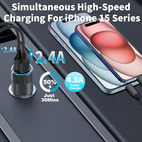 Apple MFi Certified iPhone Car Charger with 2Pack Lightning Braided Cable - color: Carbon Black