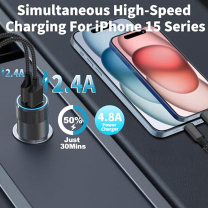 Apple MFi Certified iPhone Car Charger with 2Pack Lightning Braided Cable - color: Carbon Black