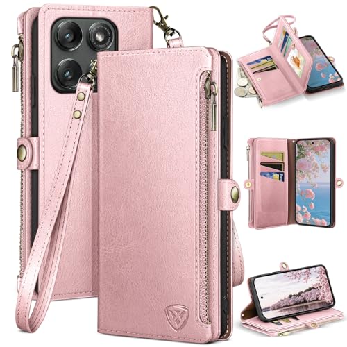 XcaseBar compatible with ‌Moto Edge 5G 2025 Wallet case with Zipper Credit Card Holder【RFID Blocking】,Flip Folio Book PU Leather Phone case Shockproof Cover Women Men for Mote Edge 2025 case Rose Gold - color: Rose Gold