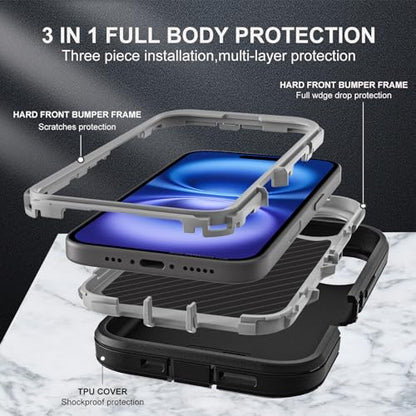 YKHJKLEC for iPhone 16 Case, Military Grade 3 in 1 Heavy Duty Shockproof/Drop Proof/Dust Proof Case with 2Pcs Tempered Glass Screen Protector (Black/Grey) - color: Black/Grey