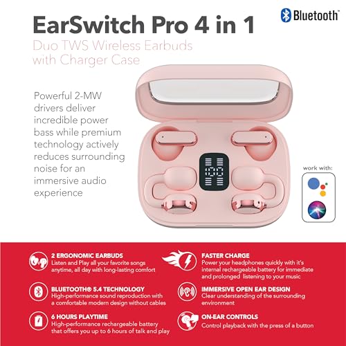 RCA EarSwitch Pro 4-in-1 Duo TWS Wireless Earbuds, Bluetooth 5.4 Open-Ear & in-Ear Dual Buds with LED Charging Case, Touch Control, Built-in Mic, 6H Playtime for Sport & Office (Pink) - color: Pink