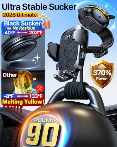 YRU [2026 Ultimate Car Phone Holder Mount [Bendable & Adjustable Aluminum Arm] Cell Phone Holder for Car Dashboard Windshield Phone Stand for iPhone 17 16 15 14 Pro Max Samsung Pickup Truck, Black - color: Black