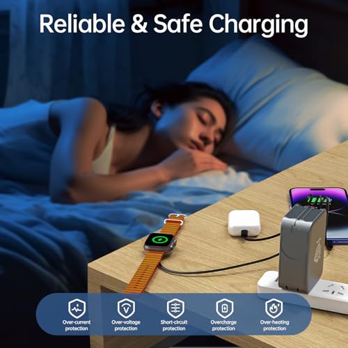 Retractable Apple Watch Charger, 5 in 1 Wall Charger with 3 Retractable Cables for Older iPhones & USB-C Devices, 35W Foldable Charger Block for iPhone 17/16/15/14, iPad, AirPods (Gray) - color: Gray